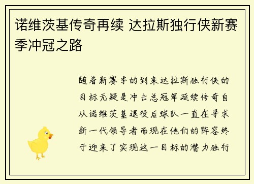 诺维茨基传奇再续 达拉斯独行侠新赛季冲冠之路