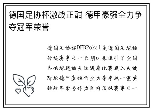 德国足协杯激战正酣 德甲豪强全力争夺冠军荣誉