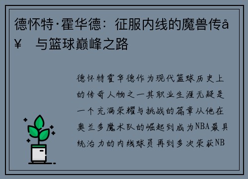德怀特·霍华德：征服内线的魔兽传奇与篮球巅峰之路