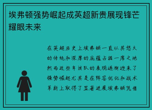 埃弗顿强势崛起成英超新贵展现锋芒耀眼未来
